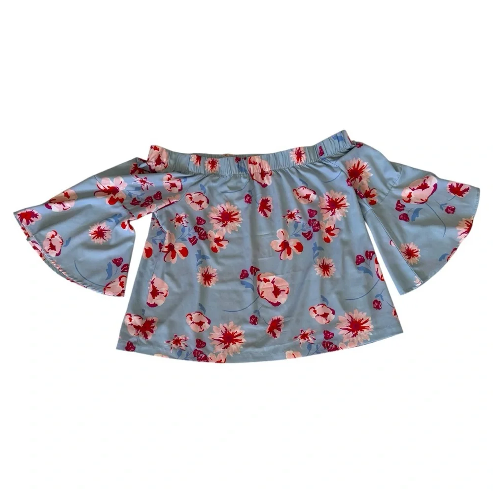 Mud Pie Blue Floral Off The Shoulder Bell Sleeve Blouse Large - Picture 4 of 10